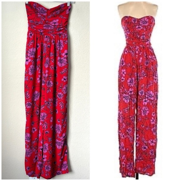 Pants - Boho Floral Print Strapless High Rise Wide Leg Full Length Jumpsuit